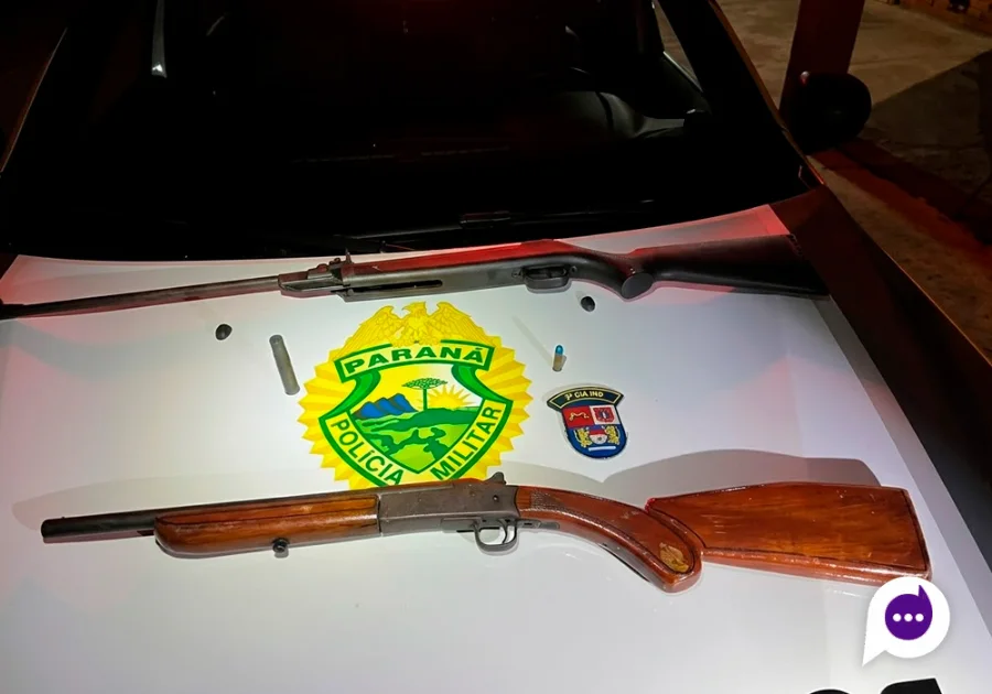 Armas e munições apreendidas pela Polícia Militar durante abordagem em Planaltina do Paraná.